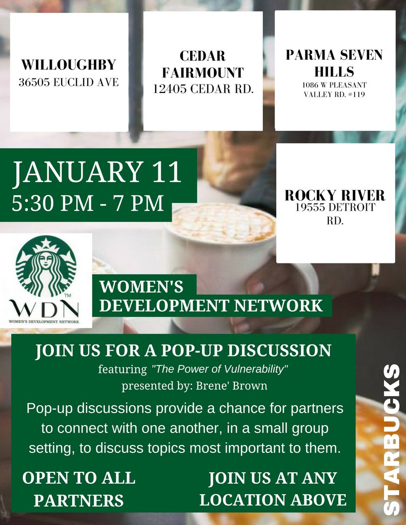 CLEStarbucksWDN's tweet photo. JOIN US as we host our first round of pop-up discussions, across Cleveland, on January 11, from 5:30-7pm. All partners encouraged to attend! https://t.co/UwfG6eyplI