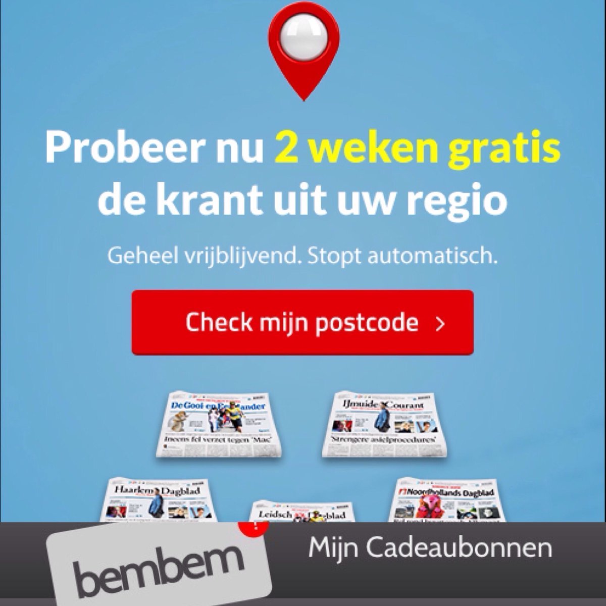 2 weken GRATIS de krant!

Woon je in Noord- of Zuid-Holland?

Vul je postcode in en check, welke krant krijg jij? buff.ly/2ibYI6B