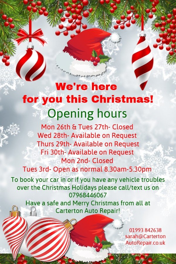 CartertonAR's tweet photo. We are here to help you with your motoring needs this Christmas... All you have to do is call! #heretohelp #besafe #vehiclerepair https://t.co/2xBvSsOMFr