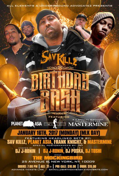 Event: @savkillz / <a href="/PlanetAsia/">planetasia</a> and <a href="/JRONIN/">DJ J-Ronin</a> (BirthDay Bash) microphonebully.com/event-savkillz…