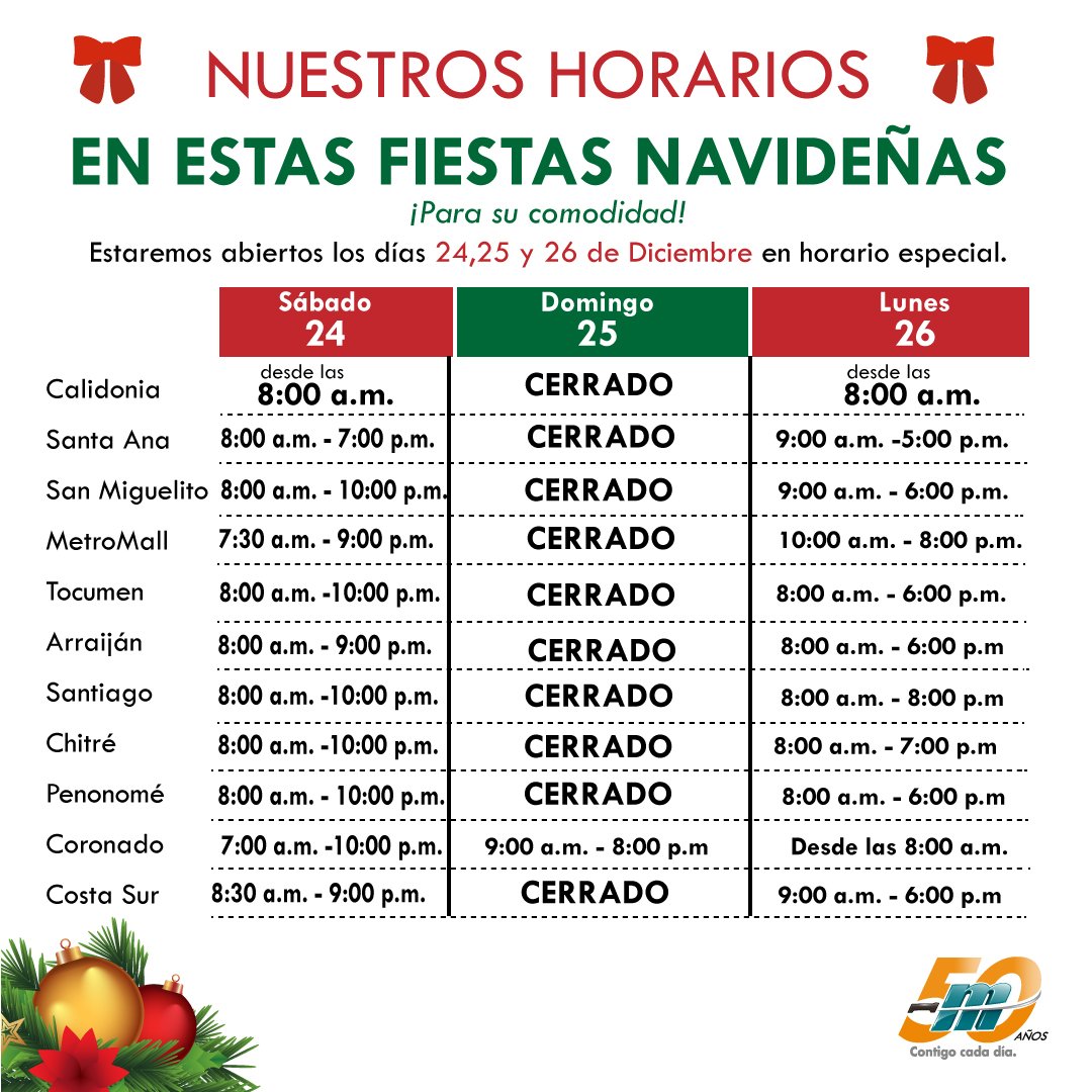 machetazopanama's tweet photo. Conoce los horarios de nuestras sucursales durante este fin de semana de festividades. #ElMachetazo #ContigoCadaDía #UnColorDeNavidad https://t.co/CnHEk2ckaz