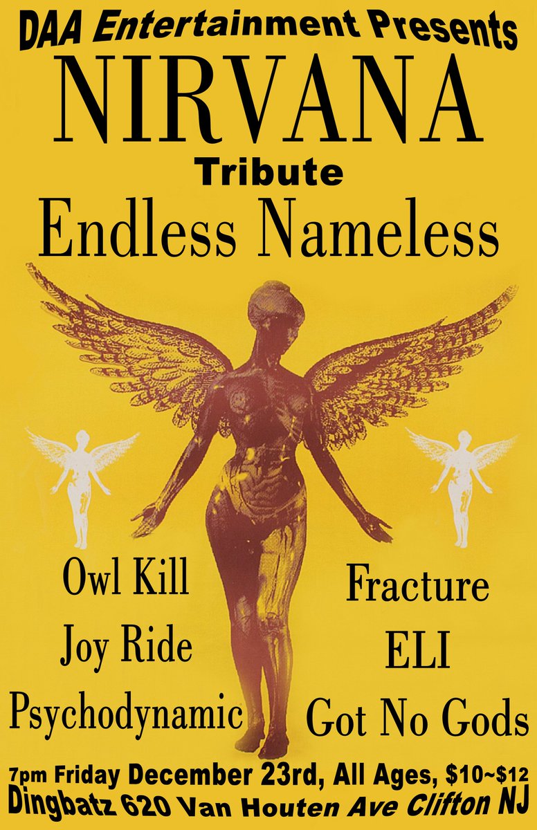 DAA_Concerts's tweet photo. Tonight #Nirvana tribute @ Dingbatz @OwlKill @fracture_band @joyridenj @eli_theband #punkrock #christmasparty
info: https://t.co/X261d8tXt1 https://t.co/toYZgvLXL8