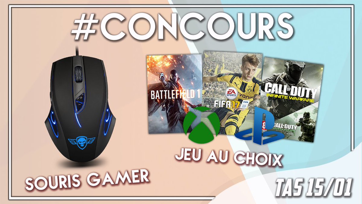 SltCBarn's tweet photo. #CONCOURS 🔥

🎈GAGNE TON JEU AU CHOIX ( PS4/XBOX ) + UNE SOURIS GAMER🎈 

♻️ #RT + #FOLLOW @box_concours &amp; @xbxgamescom ♻️

TAS 15/01🎉 https://t.co/I209WICcFY
