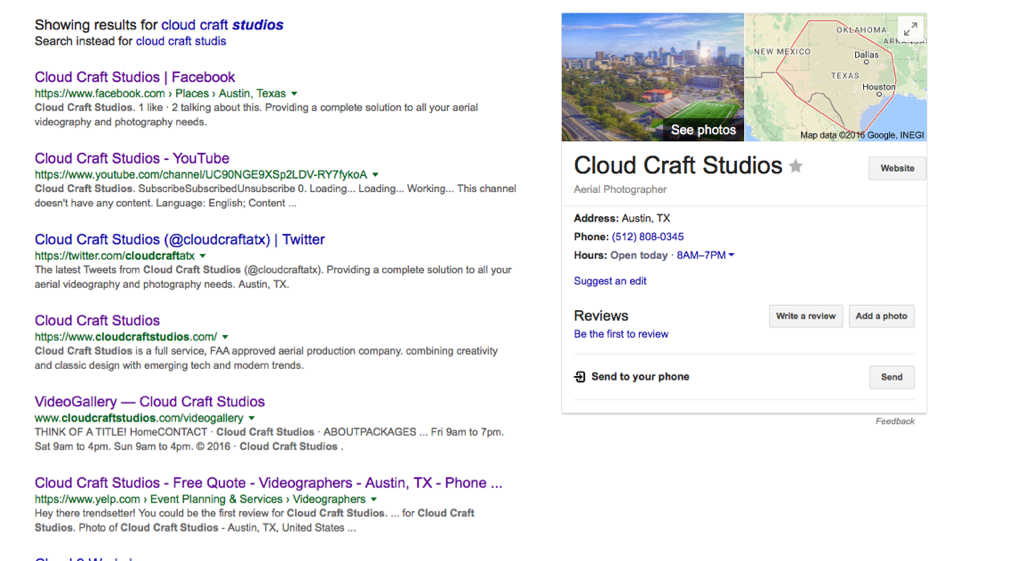 cloudcraftatx's tweet photo. Our Google search results are improving! #makingabusiness #behindthescenes #droneservices #dronesforhire #dronesinrealestate #austin #texas https://t.co/qLyPJrHa5k