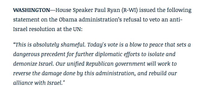 SpeakerRyan's tweet image. My statement on the Obama administration's refusal to veto the anti-Israel UN resolution ↓ spkrryan.us/2iaaGua