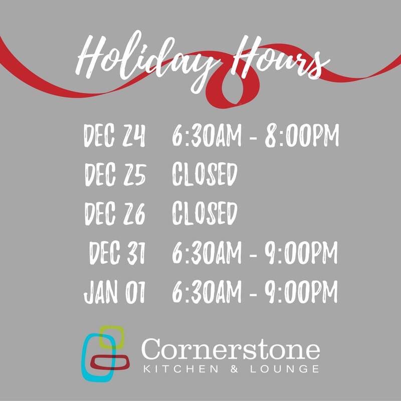 Happy Holidays!! Don't forget to reserve your spot for New Year's Day brunch. Here are the restaurant hours over the next week: