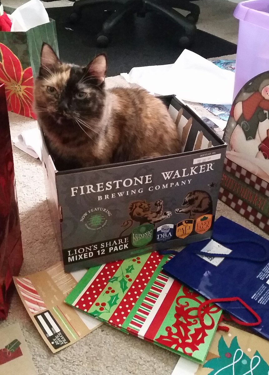 ColorBlindBeer's tweet photo. #beercat Gemma supervising some last minute gift wrapping from her @FirestoneWalker fort. #beerfortfriday https://t.co/xBDace9zBZ
