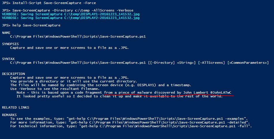 jsnover's tweet image. I harvested another good function (Save-ScreenCapture) from the malware posted by @JohnLaTwC
Thanks bad guys!
powershellgallery.com/packages/Save-…
