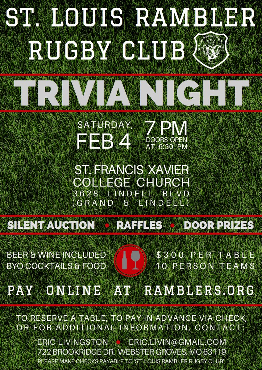 RamblersRFC's tweet photo. Have you reserved your table for the #stl Ramblers annual #trivia night?  Feb 4th @ St Xavier church.  Adult Beverages included! https://t.co/vowfY0LNVK