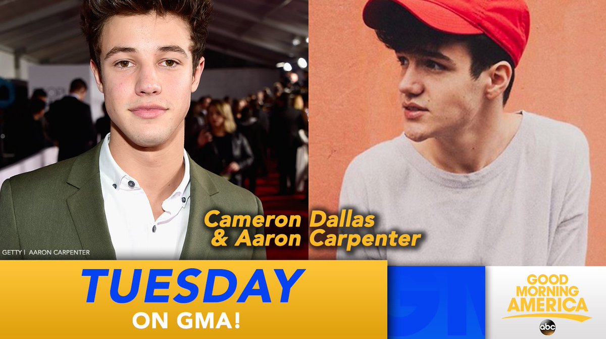 GMA's tweet photo. TUESDAY: YouTube stars @camerondallas and @AaronCarpenter swing by the studio LIVE! https://t.co/D92OI891JC