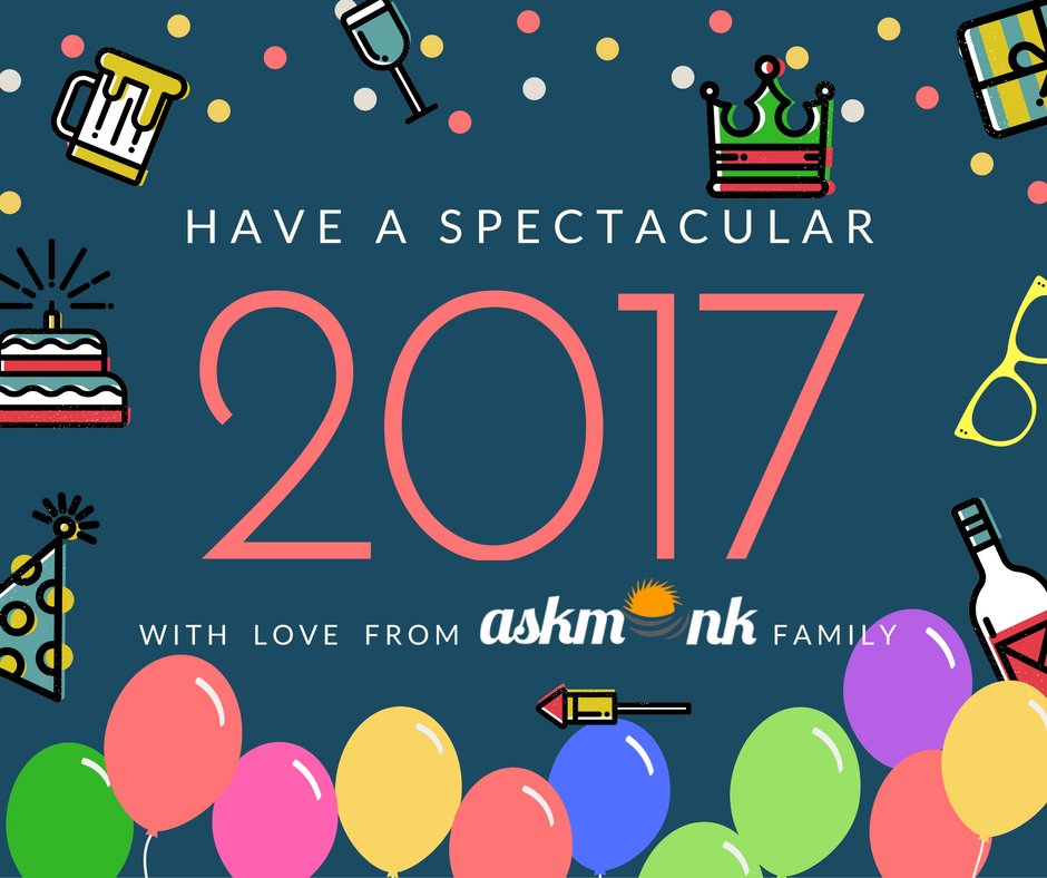 askmonk's tweet photo. Adios 2016. Let's make 2017 the year of spreading happiness and achieving your goals. With this message, #Askmonk wishes you a #happynewyear https://t.co/YEPKy7qKNd