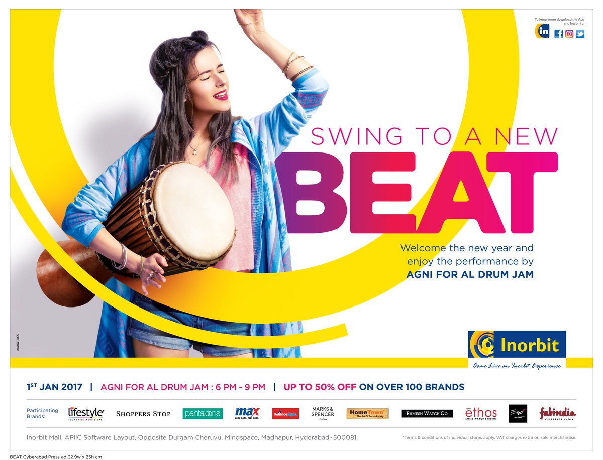 InorbitMall's tweet photo. Sway to some fun beats by #AGNI Drum Jam 6 to 9 pm &amp; shop from over a 100 brands for upto 50% off, 1st January, only @InorbitMall Cyberabad https://t.co/dhSMpOWabH