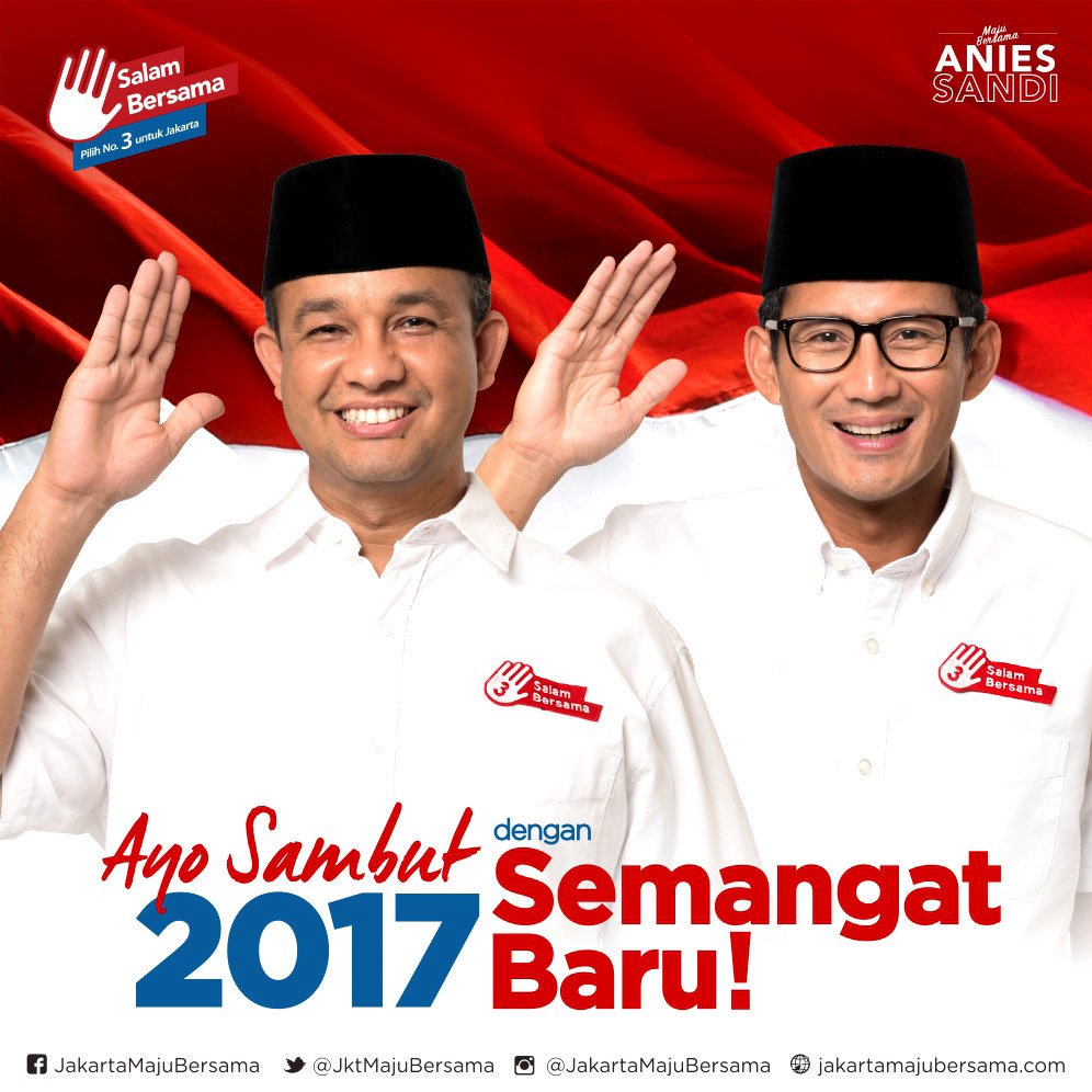 Sambut 2017 dengan semangat baru! Bersama <a href="/aniesbaswedan/">Anies Rasyid Baswedan</a> dan <a href="/sandiuno/">Sandiaga Salahuddin Uno</a>, maju kotanya, bahagia warganya! #TahunBaruGubernurBaru