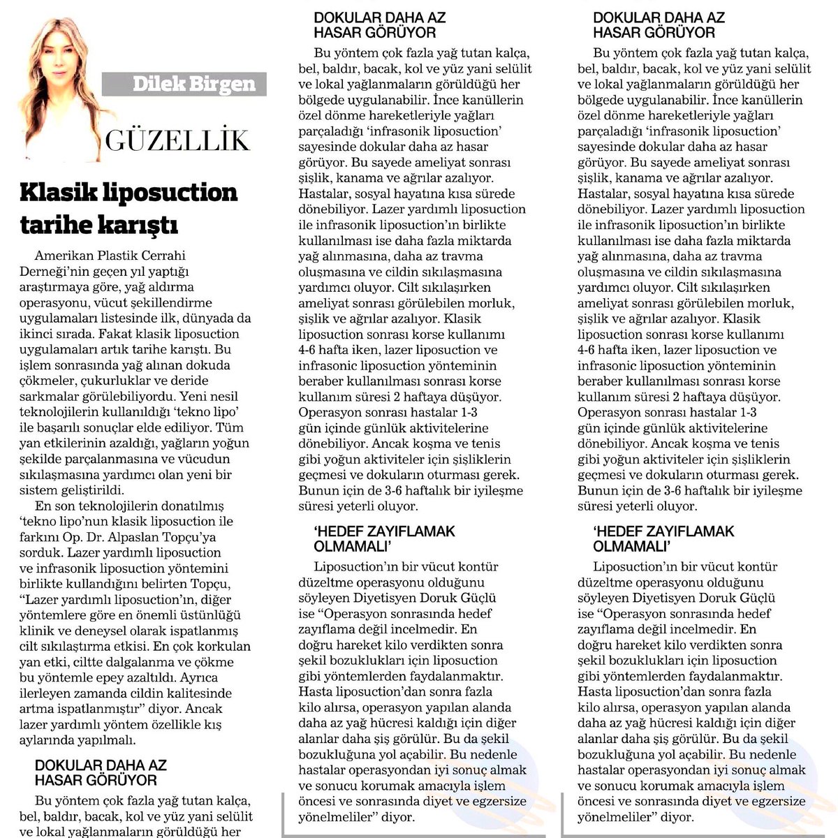 Dilek Birgen'in "Klasik liposuction tarihe karıştı" adlı yazısı, Habertürk HT Cumartesi Eki Dilek Birgen'le Güzellik Köşesinde