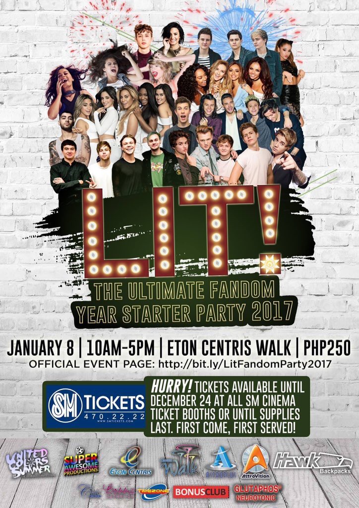 demipilipinas's tweet photo. Welcome 2017 wt your fandoms. Buy your tickets asap at any Sm Ticket Outlet or to the people listed below. See you! 💜 #LitFandomParty2017 https://t.co/3TS2TPMehl