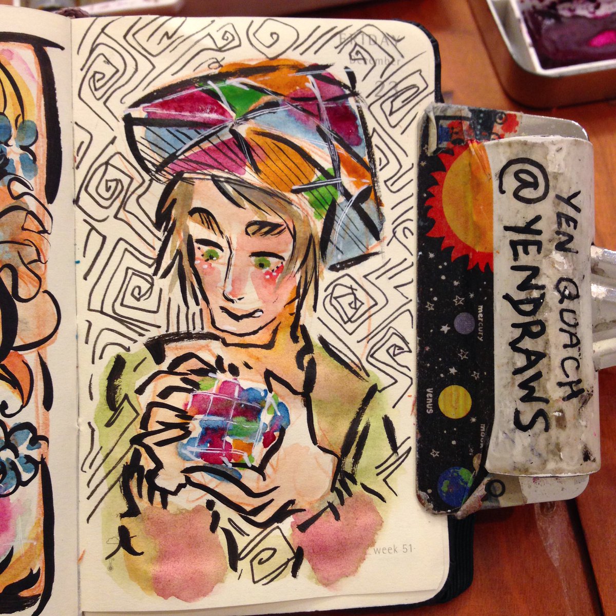 YenDraws's tweet photo. The Cube takes no prisoners #illustration #draweveryday #ded2016 #rubix #art #characterdesign #watercolor #moleskine #kuretake #gansaitambi https://t.co/PEekUfvaXQ