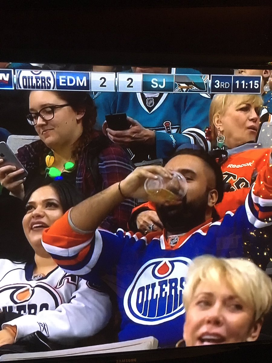 j_pez's tweet photo. No person has ever represented Oiler nation in an enemy barn more spot on than this. Salute! #EDMvsSJS #McDeeznuts #McMaroon https://t.co/L0o5bCF41x