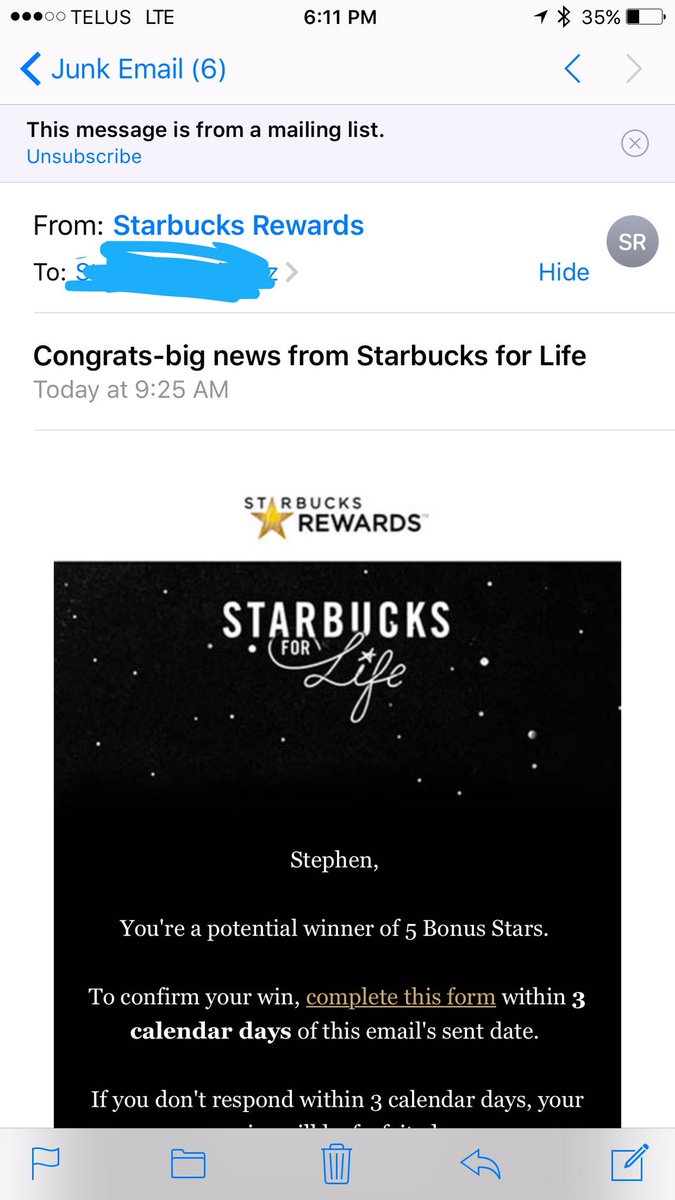 fallenhero2015's tweet photo. @StarbucksCanada @starbucksgold is this a scam? Just seems odd to have to fill out a form... https://t.co/56wAm8XvYY