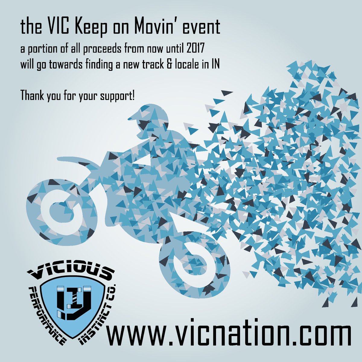 VIC Keep on Movin' event - proceeds from sales thru 2017 to go towards a new 'home turf' for team VIC in Indy!

vicnation.com