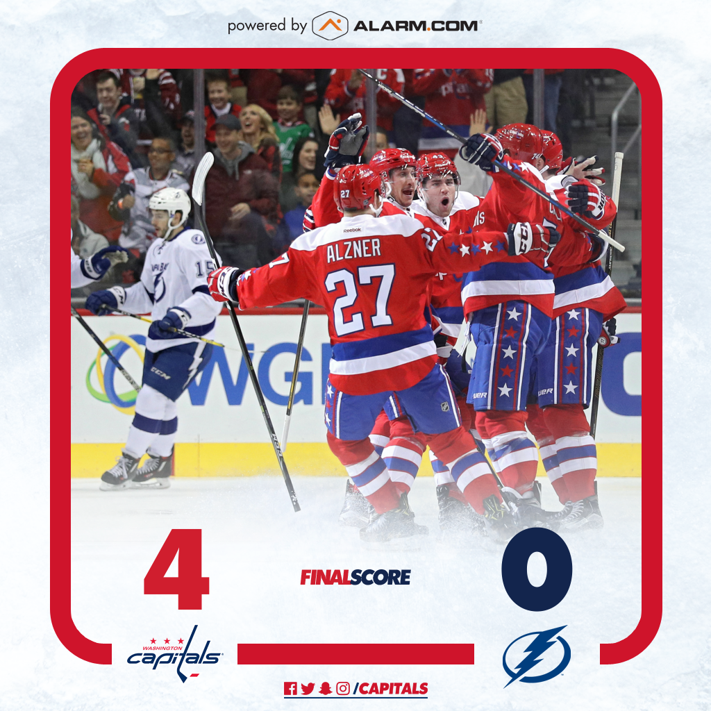 Capitals's tweet photo. #CapsHolidayParty FINAL SCORE powered by @AlarmDotCom : #Caps 4 - Lightning 0 #RockTheRed https://t.co/gQI8r9bFks