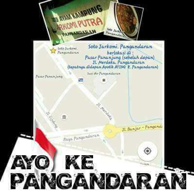 Soto Jarkomi Pangandaran
Jl. Merdeka. (Sebelah utara Pasar pananjung)
Kontak :
Pin BB : 7DA360F8
Hp : 085864885387