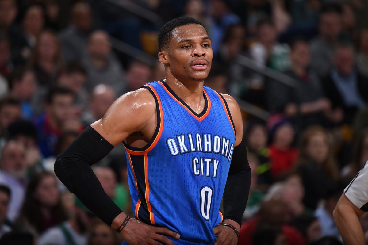 NBA_Skits's tweet photo. Russell Westbrook had a MONSTER night: 

45 points 
11 assists 
11 rebounds 
1 steal 
5-7 from 3! 

Thunder beat the Celtics 117-112 https://t.co/1Ox98PJSG6
