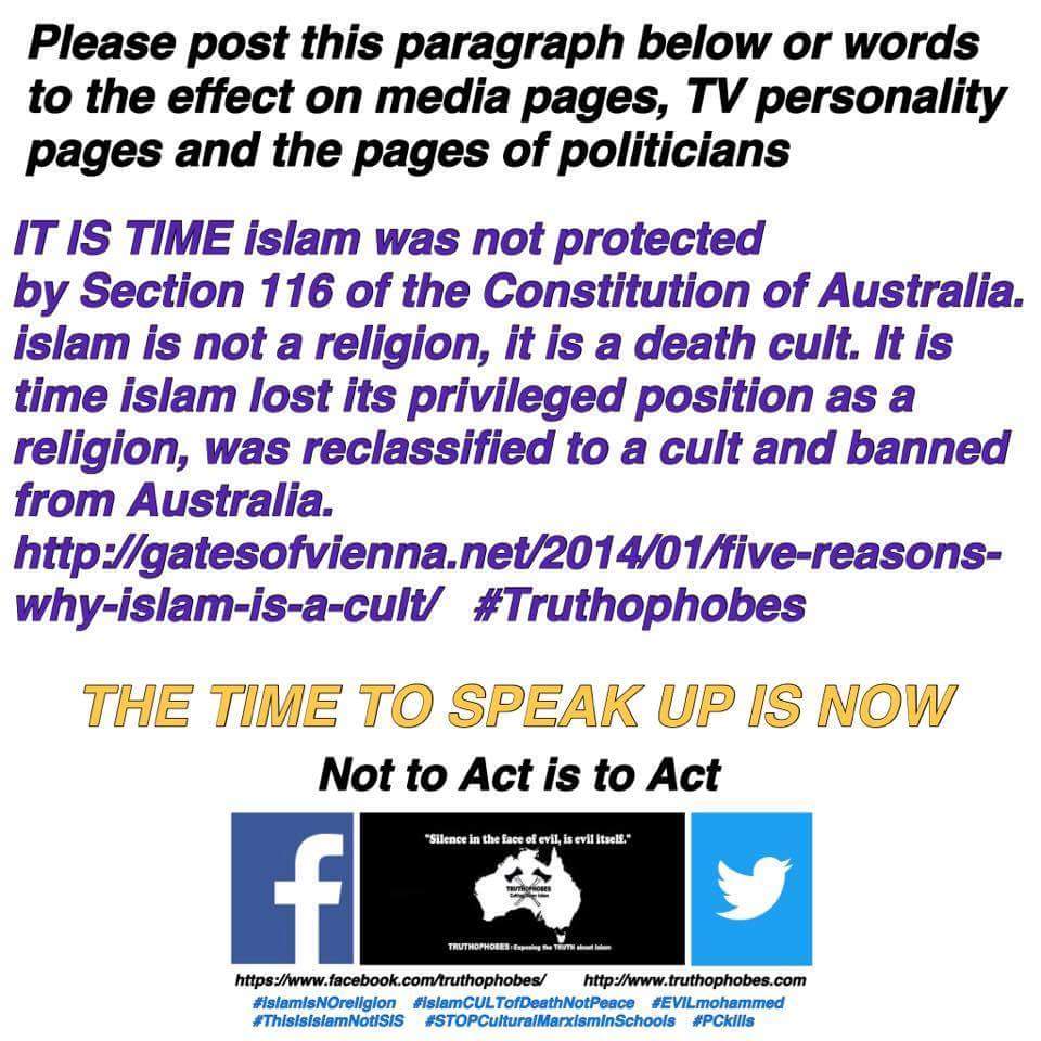 Whereis_Jyrki's tweet image. Islam is not a religion! Ban it in Australia! Stop jeopardizing our safety!! #ISISterror = Islam. #auspol #qldpol #FederalGovernment
