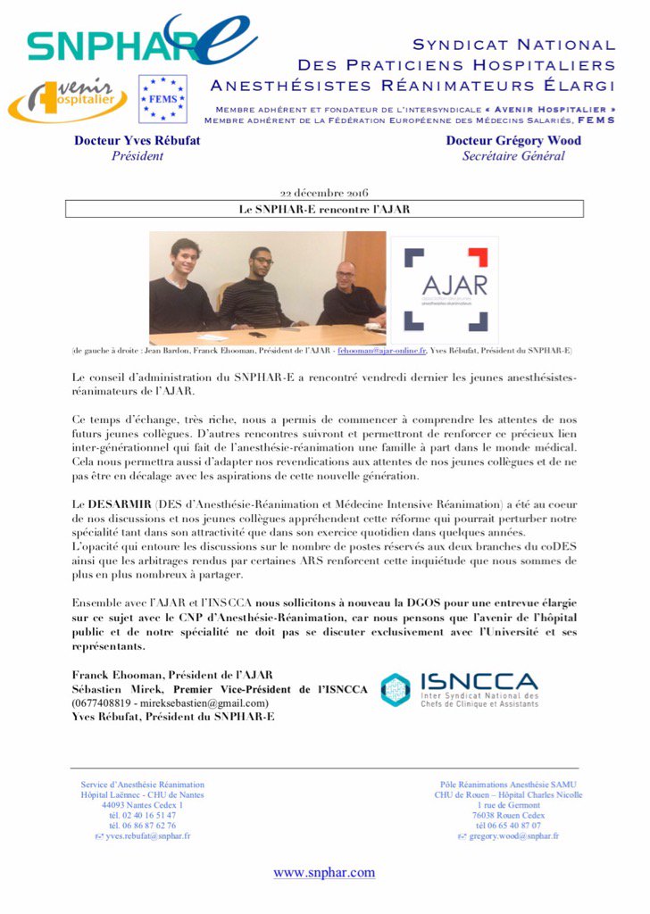 Les jeunes MAR @ISNCCA et @AJAnesthRea ac <a href="/SNPHARE/">SNPHARE</a> inquiets +++ sur le nb de postes de chq filière du #DESARMIR