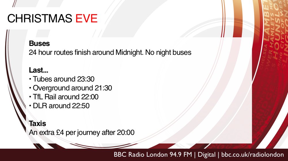 BBCTravelAlert's tweet photo. 🚌🚇 last times for buses and tubes tonight
🚖 Taxis cost £4 extra per journey after 20:00 

🎄Full guide: https://t.co/bpWVynOJQe https://t.co/I0cSQekYF9