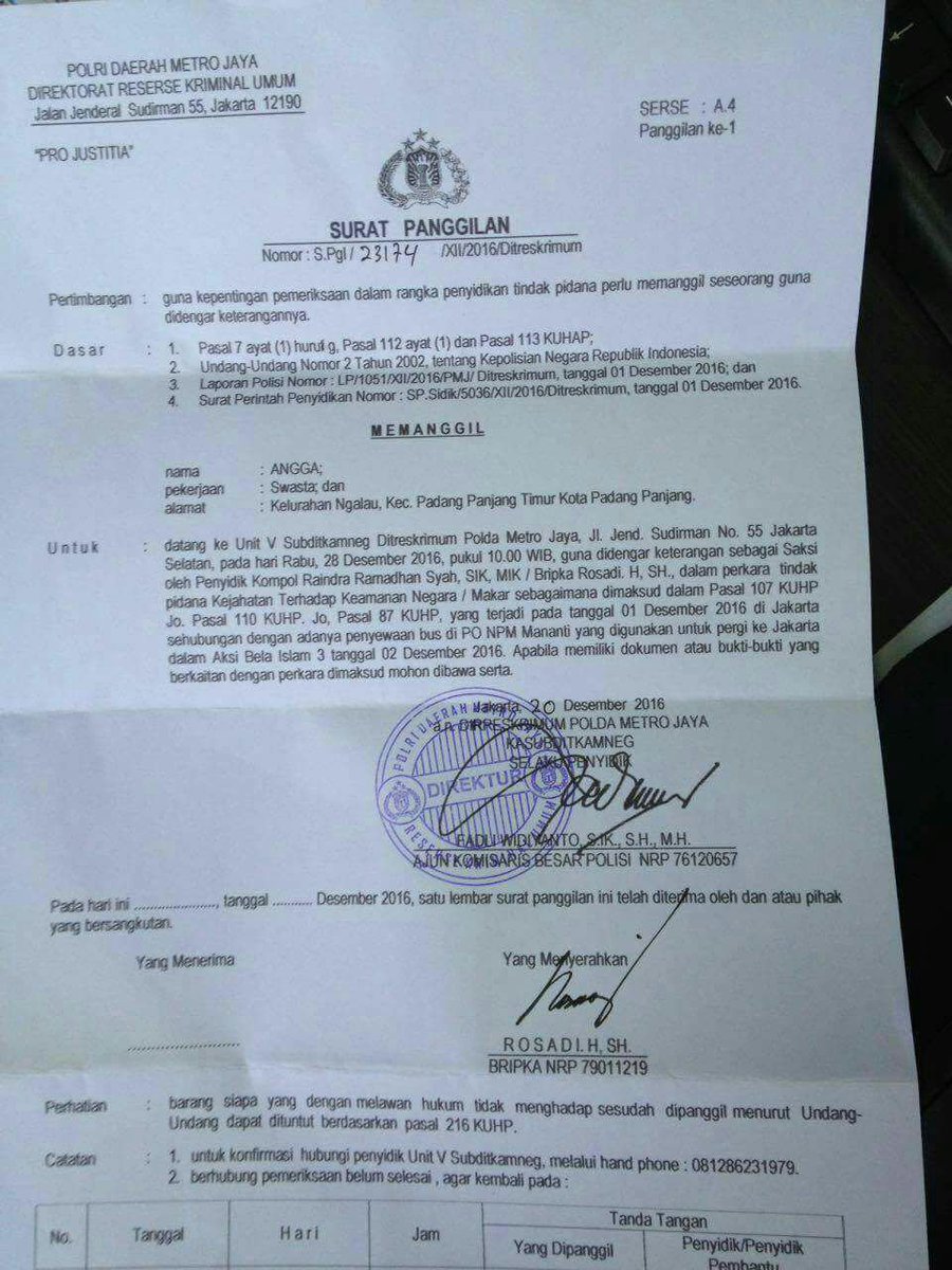 ferix_sonanda's tweet photo. CEO PT.NPM dipanggil Polda Metro Jaya utk dimintai keterangan berkaitan dgn armada yg dipakai utk membawa peserta aksi damai 212 #SaveAngga https://t.co/alF3zOpAR4