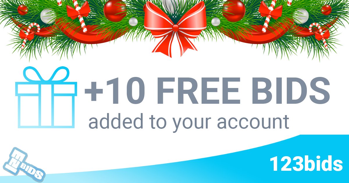 We've added a Christmas gift of 10 free bids to your account!
Merry Christmas and happy bidding! 123bids.com