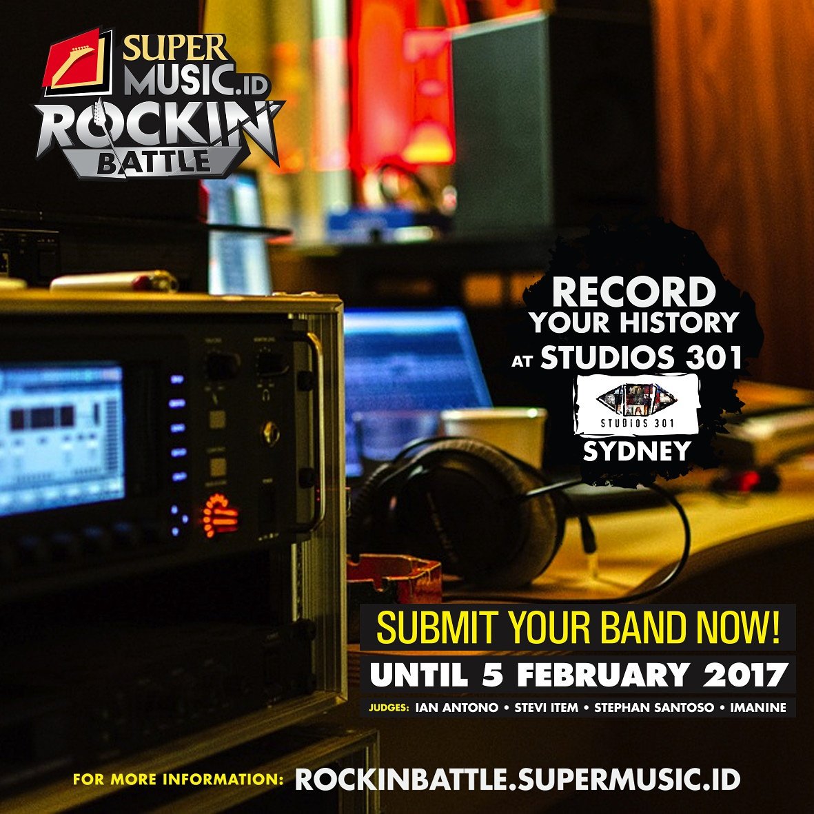 lo yg punya band Rock keren.. Submit karya lo ke rockinbattle.supermusic.id

#SuperMusicID
#RockinBattle
#RegenerasiRockIndonesia
#Studio301
