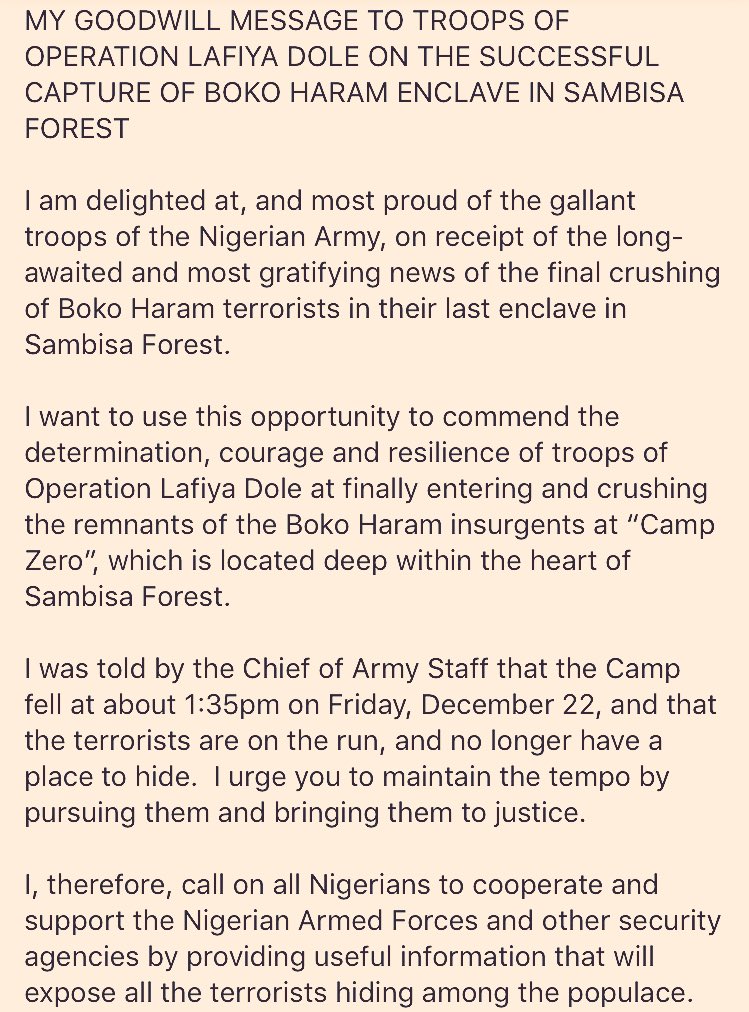MBuhari's tweet photo. Yesterday, @HQNigerianArmy captured 'Camp Zero', Boko Haram's Sambisa Forest base. My message to our gallant troops—https://t.co/ds9uCZY7qD https://t.co/oxcsjD13Aa
