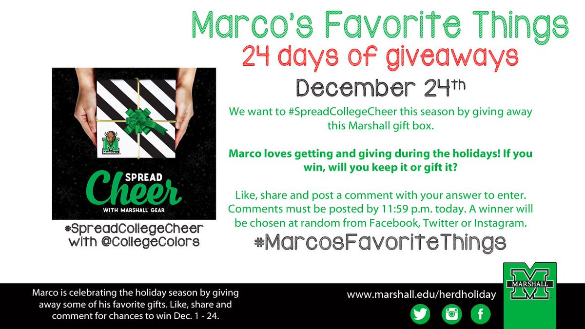 marshallu's tweet photo. We want to #SpreadCollegeCheer this season by giving away a Marshall gift box. If you win will you keep it or gift it? #MarcosFavoriteThings https://t.co/nEO9dOiIJn