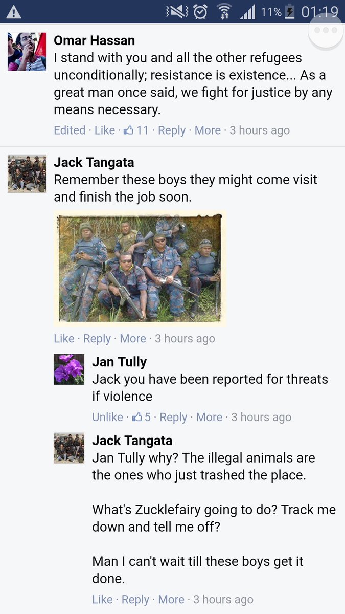 caththaccath's tweet image. threats made by a #wilsonsecurity guard, towards refugees he works w/ on Manus, following the death of 27yr old Faysul today. @abcnews