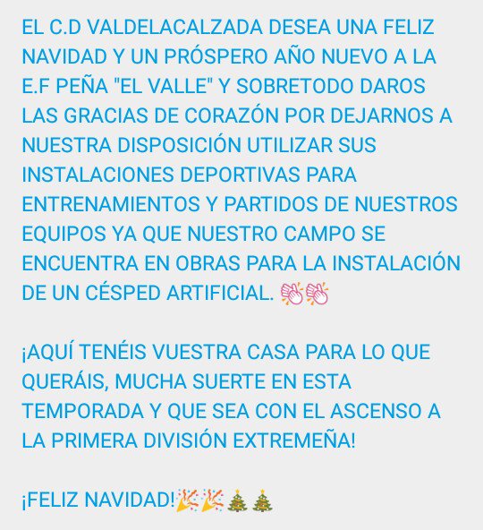 ¡EL <a href="/CDValdelacalzad/">CD VALDELACALZADA</a> LES DESEA UNA FELIZ NAVIDAD Y PRÓSPERO AÑO 2017 A TODOS! EN ESPECIAL A NUESTRA AFICIÓN Y A LA <a href="/efpelvalle/">E.F. Peña El Valle</a> ! GRACIAS👏👏
