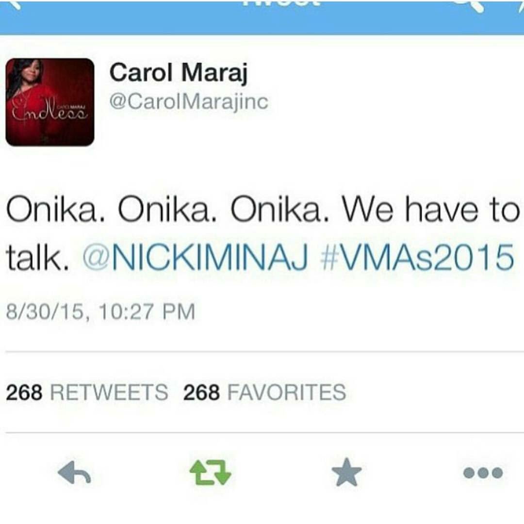 STUARTMINAJ's tweet photo. Mama Carol wasn't happy 😂 #mileywhatsgood #vmas2015 https://t.co/Jyx2qK6Bc5