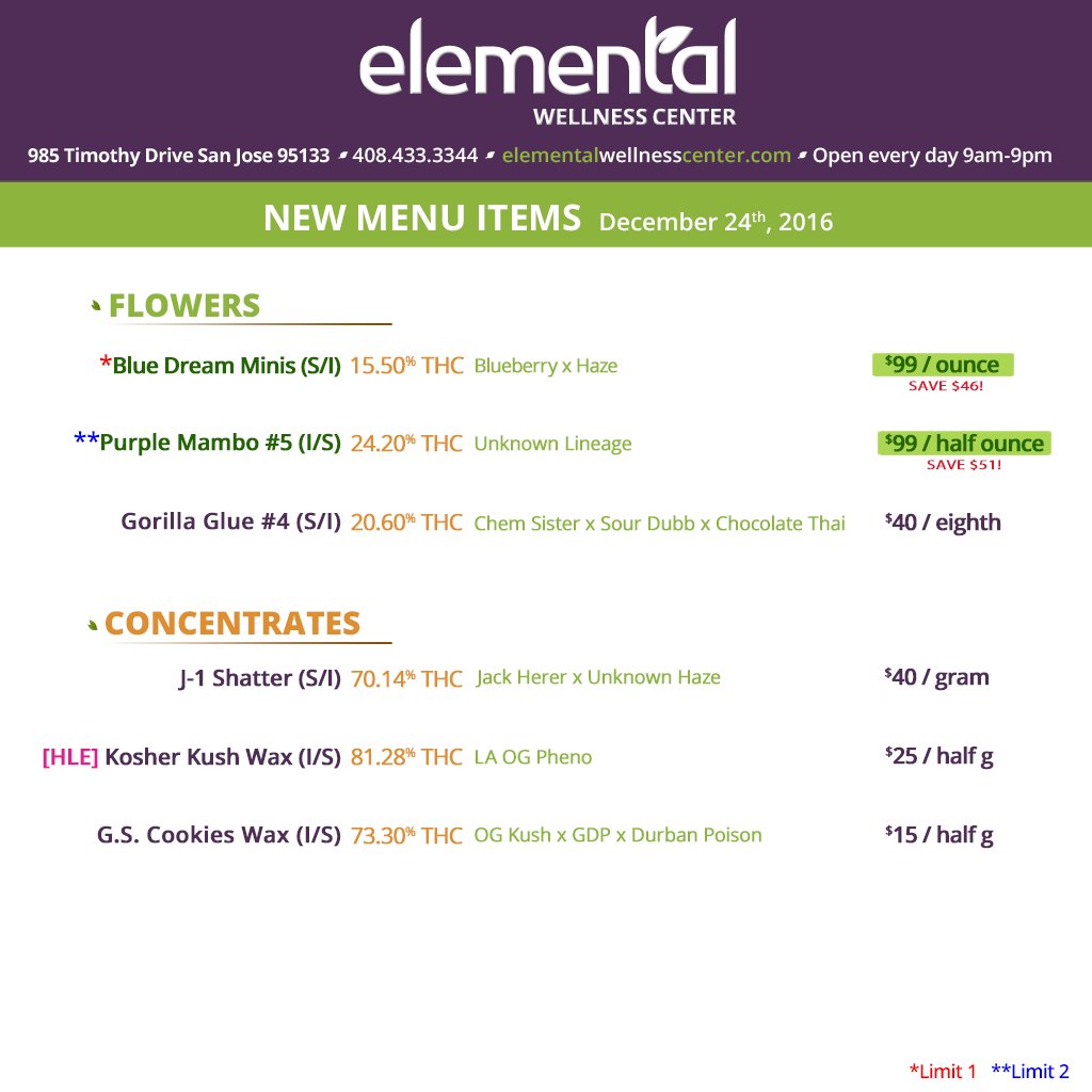 Elemental2009's tweet photo. MENU UPDATE >> Merry #ChristmasEve! Huge Savings on #BlueDream Minis &amp; #Purple Mambo #5 + new #HashyLarry wax arrives 🙂🙃☺️ #elementalupdate https://t.co/xeyzuzNox6