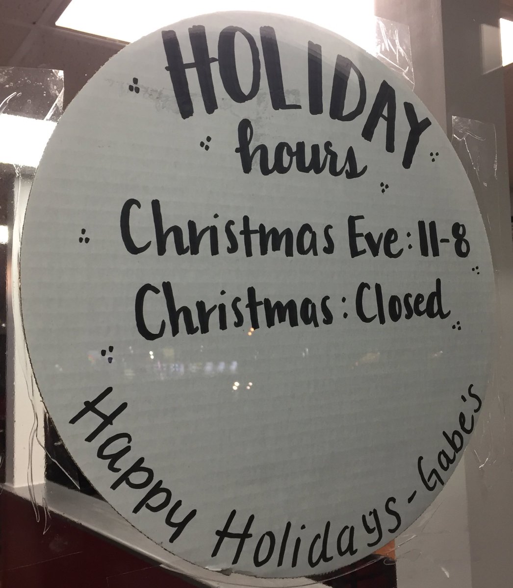Our Holiday hours this weekend: Christmas Eve we will be closing at 8 p.m. On Christmas day we will be closed. Normal hours resume Monday.