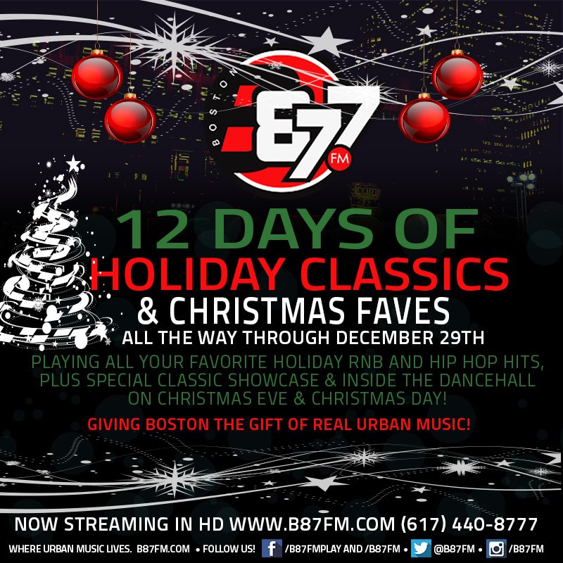B87FM's tweet photo. Giving Boston The Gift Of Real Urban Music! Listen 12/18-29 - All Your Fav Urban Hits &amp; #Christmas Songs: Now In HD https://t.co/DSxLi0ZmWA https://t.co/wSN2JDh1YJ