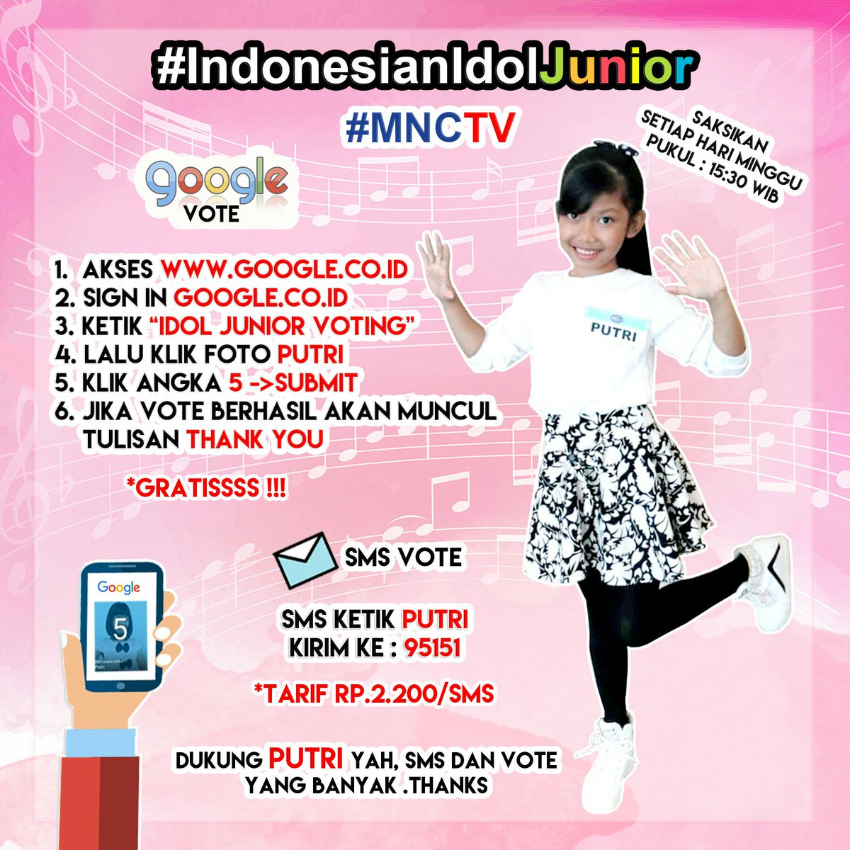 PutriIdolJr's tweet photo. Hallo semua.  Dukung aku terus yaa dan jangan lupa saksikan spekta 6 pada hari minggu pukul 15.30 wib hanya di mnctv.. Terimakasih 😊 https://t.co/B5L1LjemeV