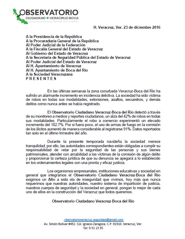 ObsNalCiudadano's tweet photo. Exigimos un Alto a la ola de inseguridad que se vive en Veracruz. @ocvb_seguridad @frarivasCoL @YoconYunes @CNSeguridadmx @gobmx https://t.co/rHUVRUtNx3