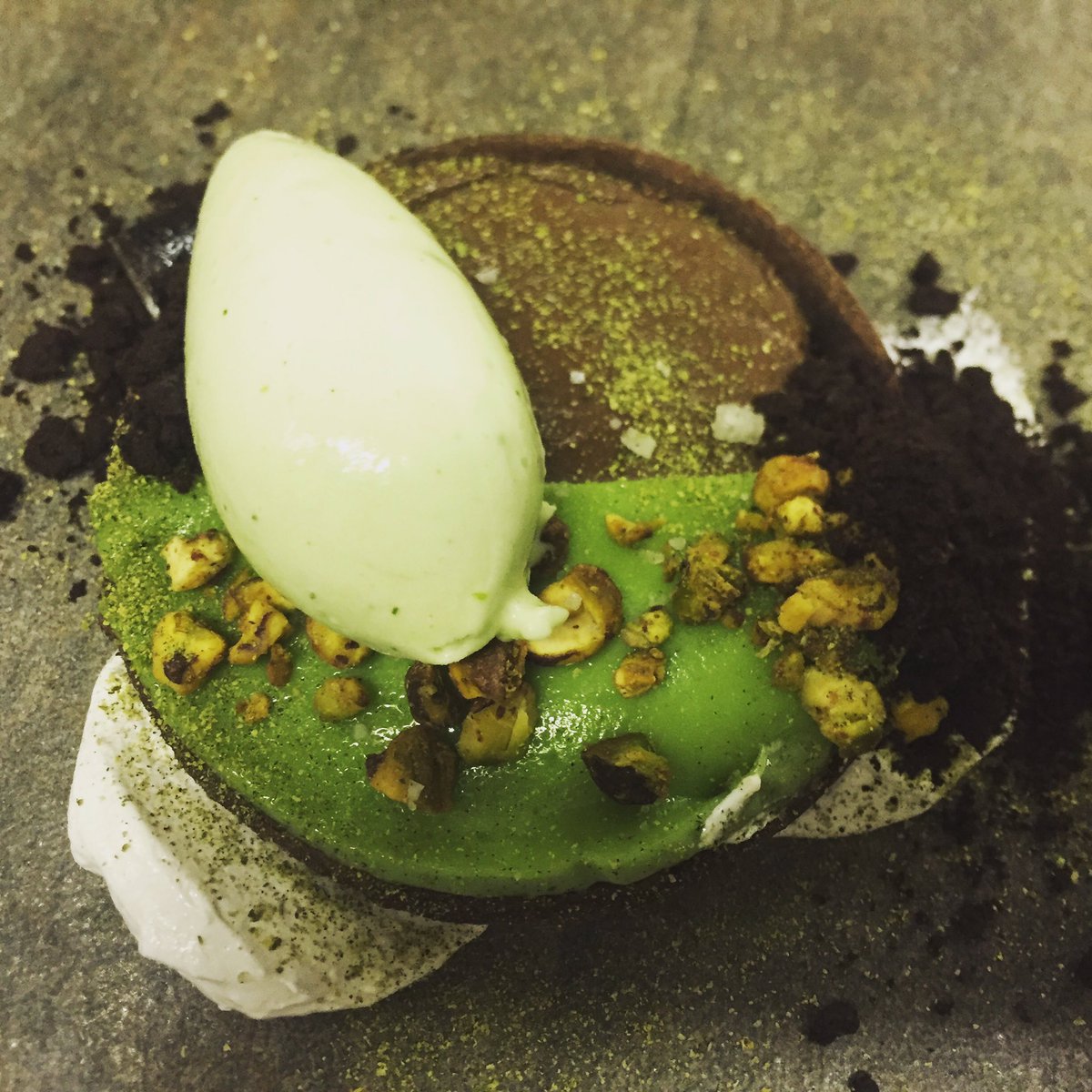 Chocolate &amp; pistachio tart, mint sherbet, lime marshmallow fluff.