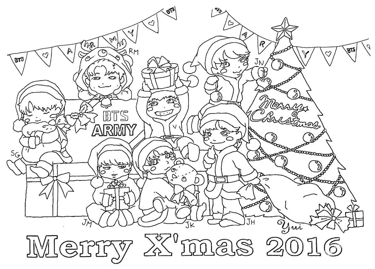 Yuichim בטוויטר Merry X Mas ハロウィンに続き クリスマスバージョンのバンタンぬりえを描きました よかったらコピーして遊んでやってください 防弾少年団 Bts バンタン イラスト ぬりえ クリスマス