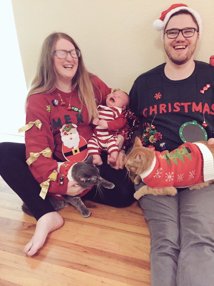 Connor_Patt's tweet photo. Merry Christmas from the Patterson Family! #UglyChristmasSweaters  #EverettRay #NormanTheCat #OliverTheCat https://t.co/OdzRsdSswX