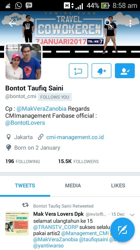 Pergantian user name twitter dan IG @taufisaini berubah menjadi @bontot_cmi atas saran dr <a href="/bangbily/">Billy Syahputra</a> ma kasih bang @tck_trans7 <a href="/yantiwarso/">Yanti Warso</a>