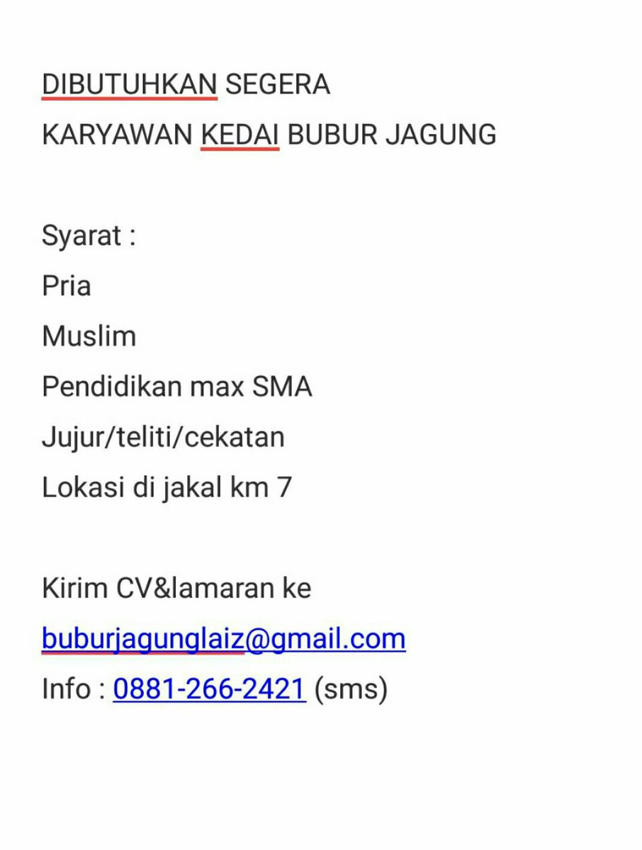 Rvyss's tweet photo. @JogjaUpdate #jogjalowker Penjaga stand bubur I Part time I Pria I Max SMU I 25th I CV&amp;Lmrn ke buburjagunglaiz@gmail.com https://t.co/QpK9NoGiEz