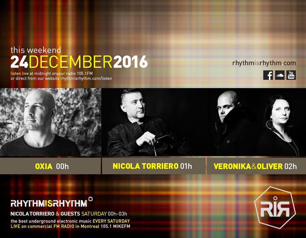The Holiday weekend is here! We're on LIVE with 3 kickass mixes. <a href="/OxiaMusic/">OXIA</a> <a href="/torriero/">Nicola Torriero</a> Nicola Torriero <a href="/vcoallier/">Veronique Coallier</a> &amp;Oliver HAPPY HOLIDAYS!
