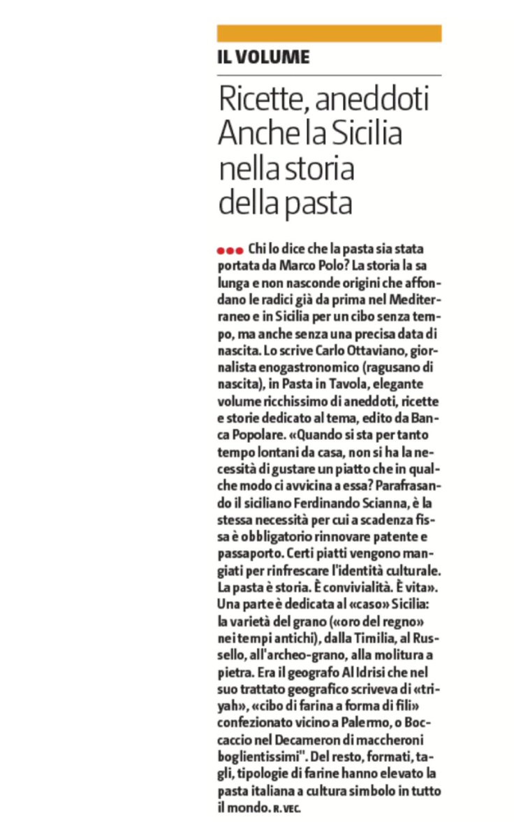 Anche la Sicilia nella storia della pasta. <a href="/RtVecchio/">Rita Vecchio</a> cita il mio libro per @bancopopolare <a href="/SagepEditori/">Sagep Editori</a> sul Giornale di Sicilia di ieri