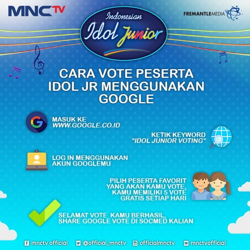 OfficialGTVID's tweet photo. Selain via SMS, kamu juga bisa dukung Juniors favoritmu melalui google vote, “GRATIS” loh! Yuk intip caranya di bawah ini #IdolJrSoundtrack https://t.co/7km59F4E6g